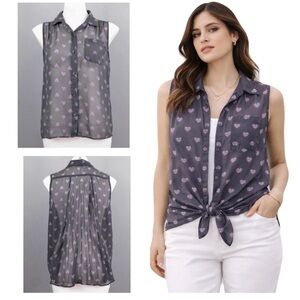 AMERICAN EAGLE Sheer Gray Heart Print Sleeveless Button Front Blouse Sz S